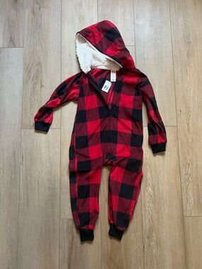 NWT 4/5 Toddler Boy Buffalo Plaid Hooded One-Piece Fleece Pajamas